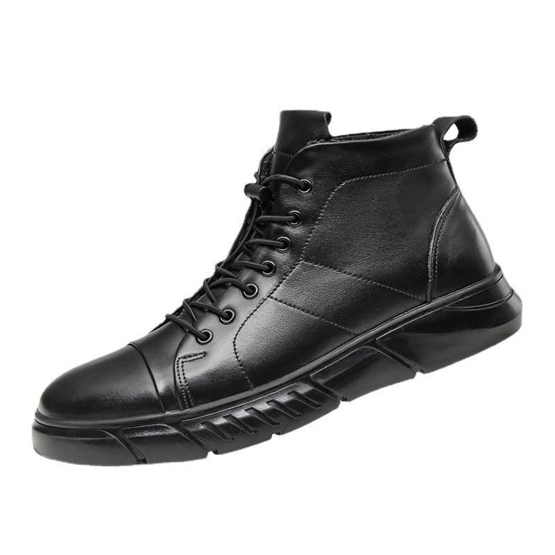 Men's shoes autumn and winter Martin boots warm velvet cowhide large size snow boots tooling boots thick sole raised top cotton leather shoes