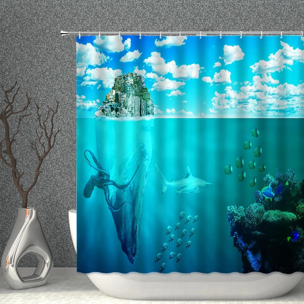 Marine Animal Underwater World Shower Curtain Waterproof Polyester Fabric Whale Dolphin Background Home Decoration With Hooks