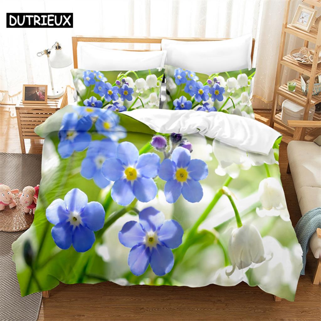 Flowers Green Leaves Queen Bedding Set Duvet Cover Bedroom Bed Set Comforter Cover Set King Size Duvet Cover Set Bedding Sets