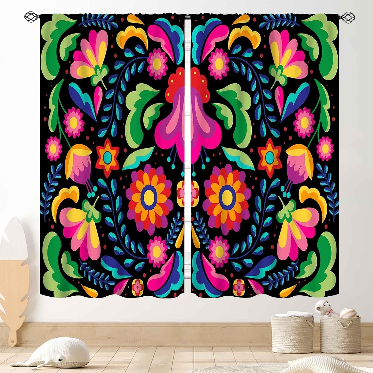 Mexican Fiesta Curta, Colorful Mexcian Floral Cinco De Mayo Dia De Los Muertos Farmhouse Blackout Window Drapery Treatments 53x116CM-2PC