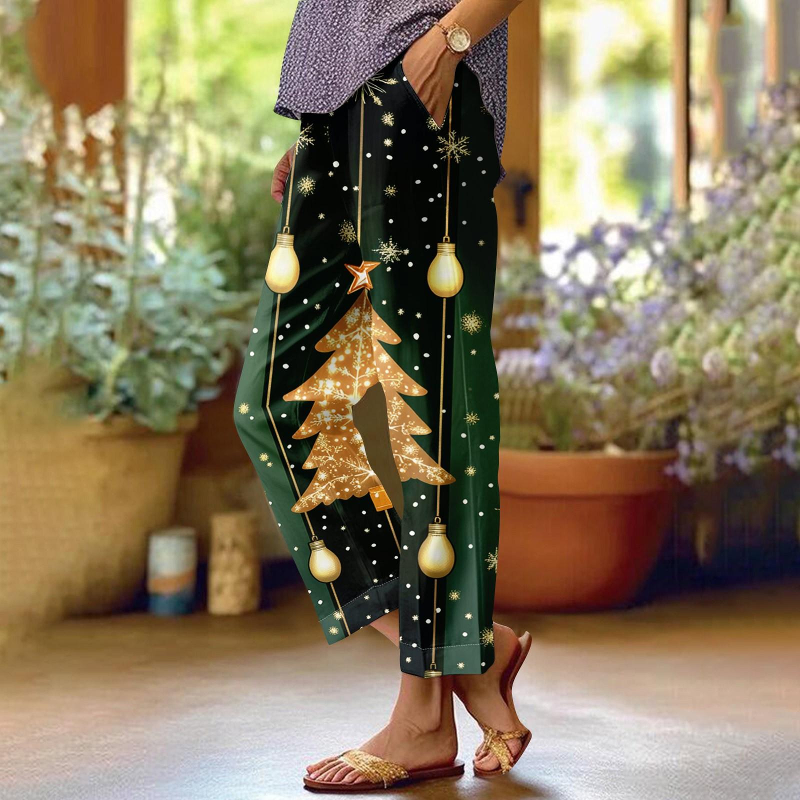 

Женские модные повседневные брюки с прямыми карманами и эластичной талией с рождественским принтом XXL зелёный