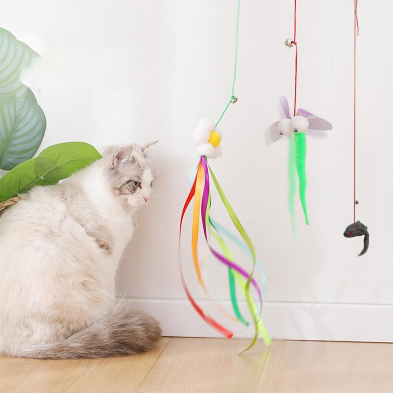 Pet Cat Plush Teaser Stick Hanging Door Elastic Rope Play Chase Exercise Toy With Bells For Indoor