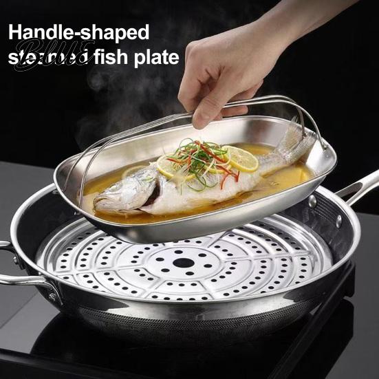 Large Capacity Fish Oval Cooking with Handles Ergonomic Plate Steaming Stainless Steel Steamer Pan Portable Serving Tray for Whole