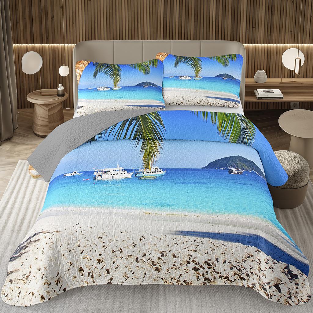 Beach Bedspread Tropical Palm Tree Coverlet SetSea Ocean Quilt Set Twin King Size Seaside Landscape Coastal Theme Bedding Sets