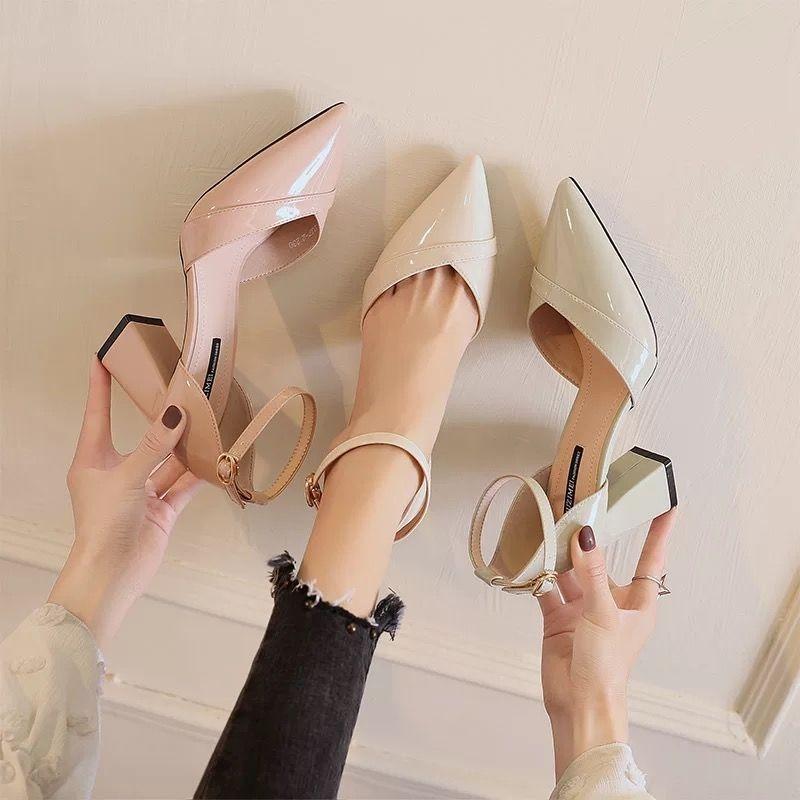 High heels spring and autumn new versatile hollow one-word buckle sandals women pointed thick heel single shoes women