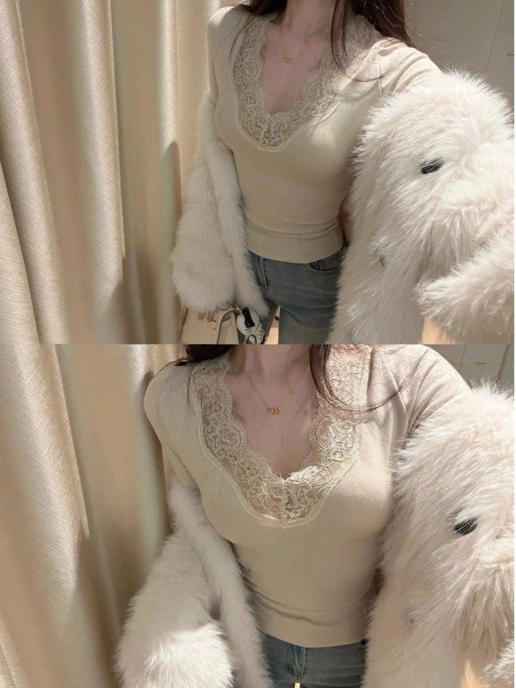 Women's Autumn Lace Trim V-Neck Long Sleeve Slim Fit T-Shirt