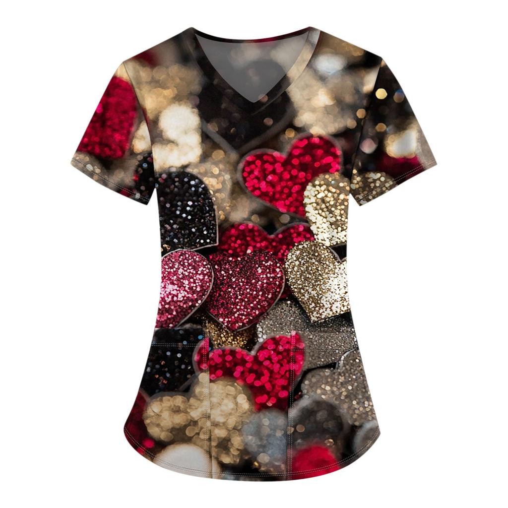 Women's Fashion V-Neck Short Sleeve Overalls With Pocket Valentine's Day Printed Tops  Clothes