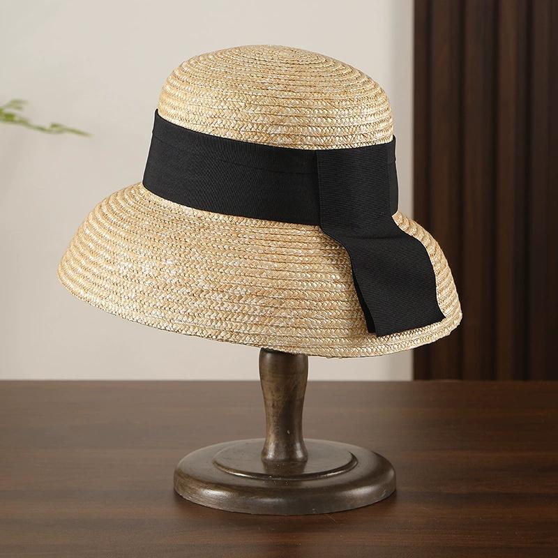 French Hepburn Style Straw Hat for Men and Women Hand-woven Natural Wheat-colored Ribbon Decorated Sun Hat Beach Wedding Hat