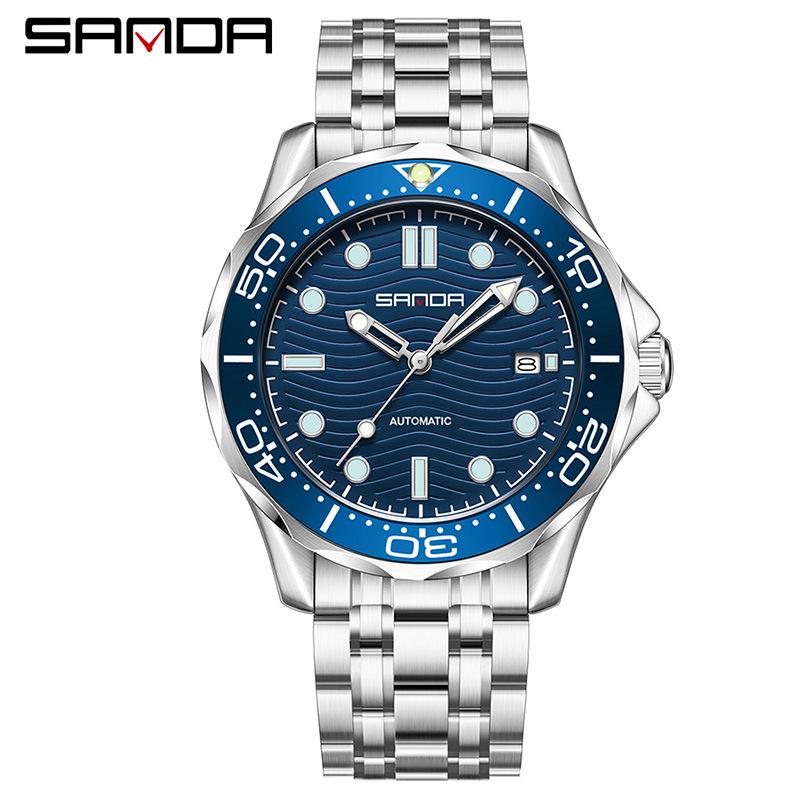 Sanda Men s Transparent Skeleton Watch with Calendar, Waterproof Stainless Steel Band, Mechanical Movement.