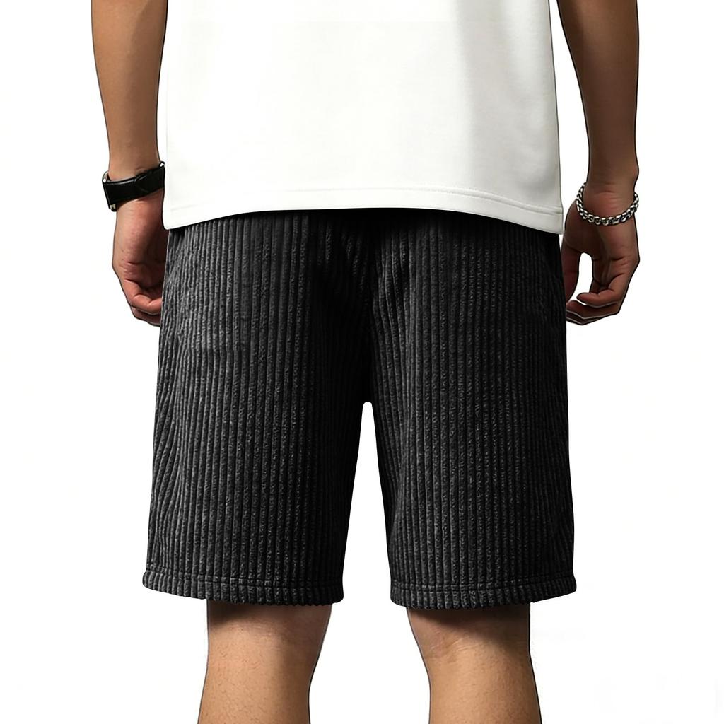 Men Corduroy Shorts Casual Loose Fit Elastic Waistband Drawstring Ribbed Texture Patch Pocket Design Summer Wear