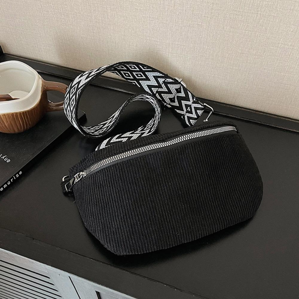 Fashion Corduroy Waist Bag Multi-pockets Zipper Crossbody Bags Wide Guitar Strap Shoulder Bags Outdoor