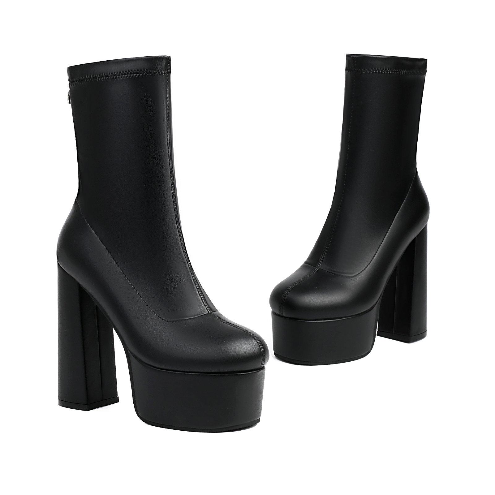 

Platform Boots Women s Ankle Block High Heels Boots 14cm Goth Big Size Stretch Leather Shoes 34 чёрный