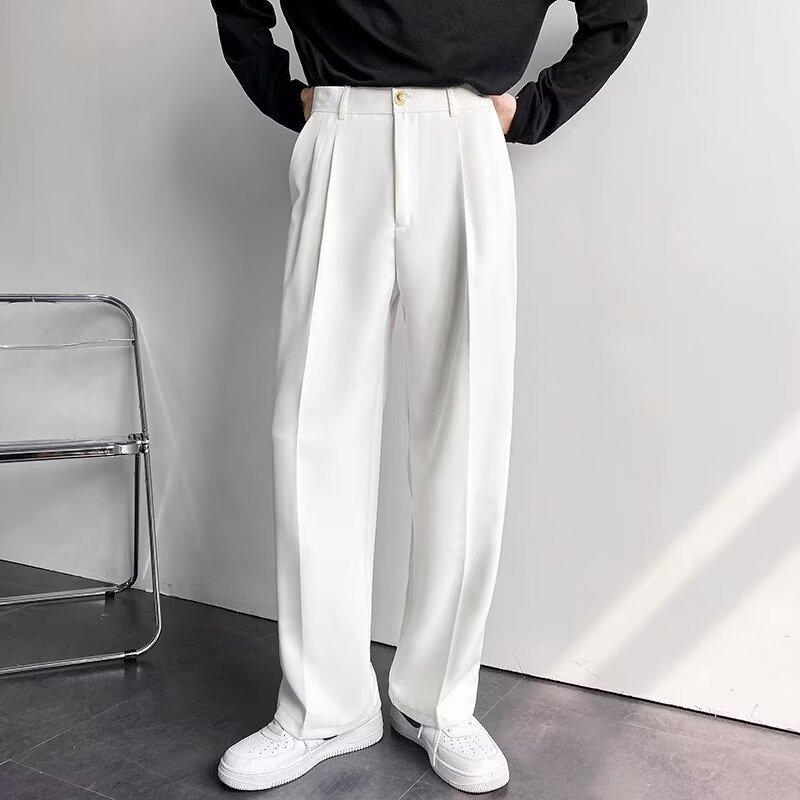 Men Straight Pants Fashion Korean Loose Suit Trousers Draped Baggy White Wide Pant Male Streetwear