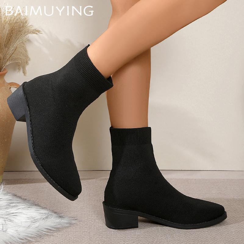 Knitting Women Snow Ankle Boots Designer Mid Heels Shoes Winter Classic Sock Boots Tremd Winter Pumps Goth Botas De Mujer