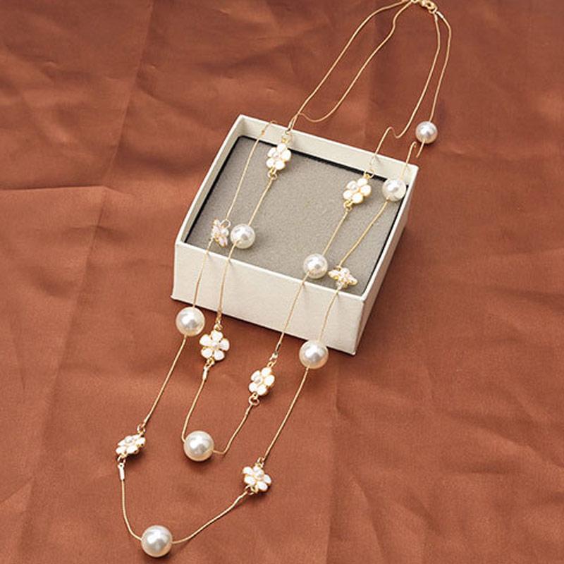 High Quality Women Layered Pearl Sweater Chain Necklace Collares De Moda Multi-layer Camellia Flower Long Necklace Party Jewelry