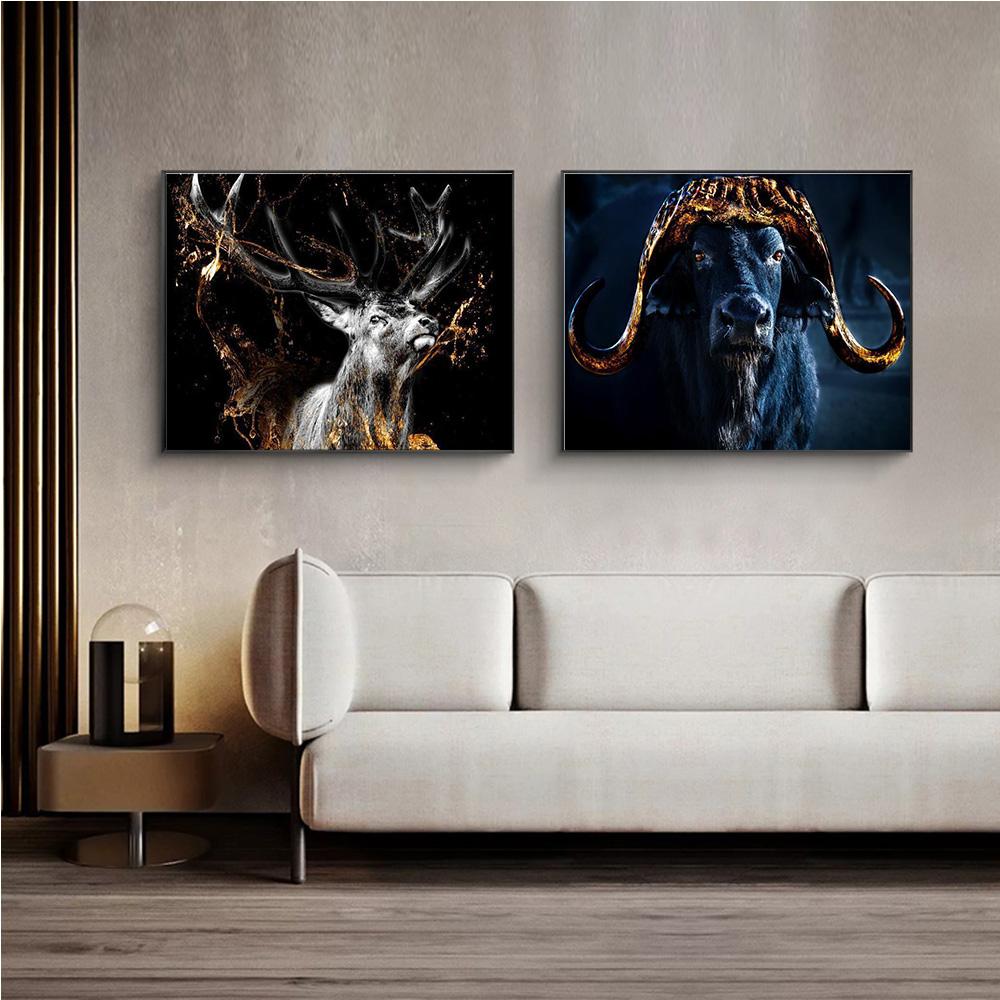 Gold Big Horned Animal On Black Background Prints Poster Canvas Painting Modern Wall Art Pictures Living Room Bedroom Home Decor