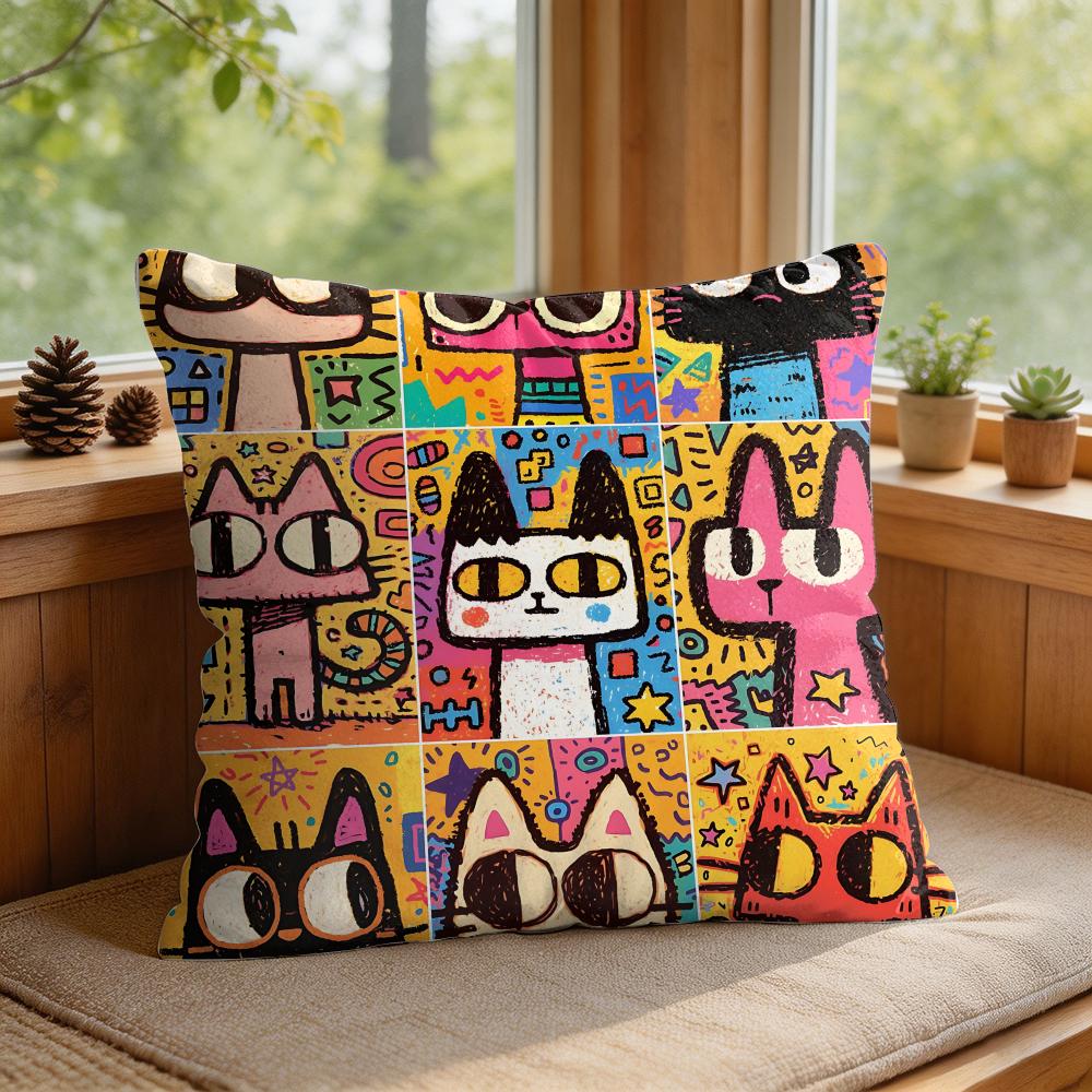 Art Dopamine Doodle Cat Cushion Cover Silky Short Plush Invisible Zipper Dustproof Sofa Pillow Case For Home Decor