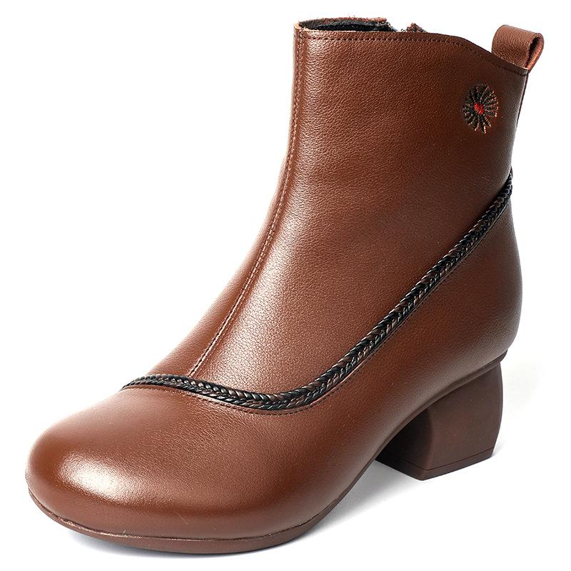 Top Layer Cowhide Leather Shoes Women Casual Retro Soft Sole Boots National Style Versatile Leather Boots Mid-Heel Mother Boots