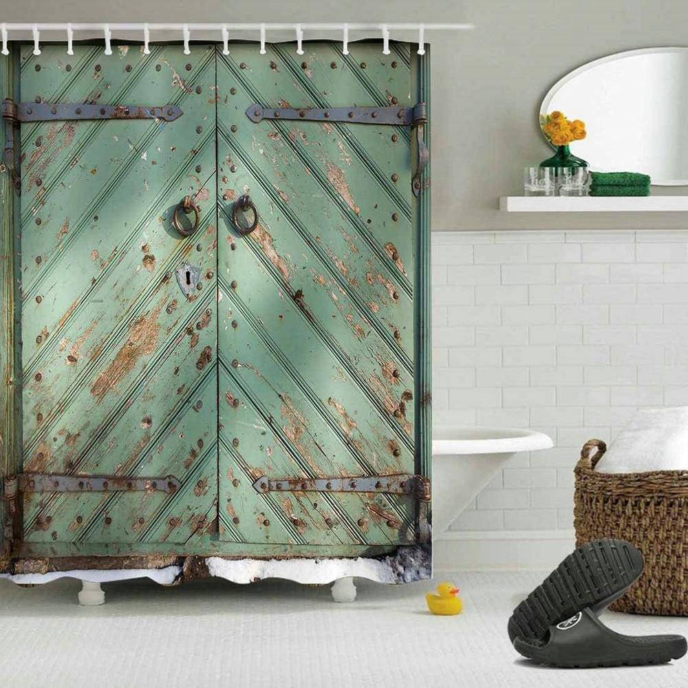 Bauernhaus Dekorativer Duschvorhang aus Holztür Retro Rustikale Scheunenholztür Europa Western Country Home Decor Badvorhanghaken