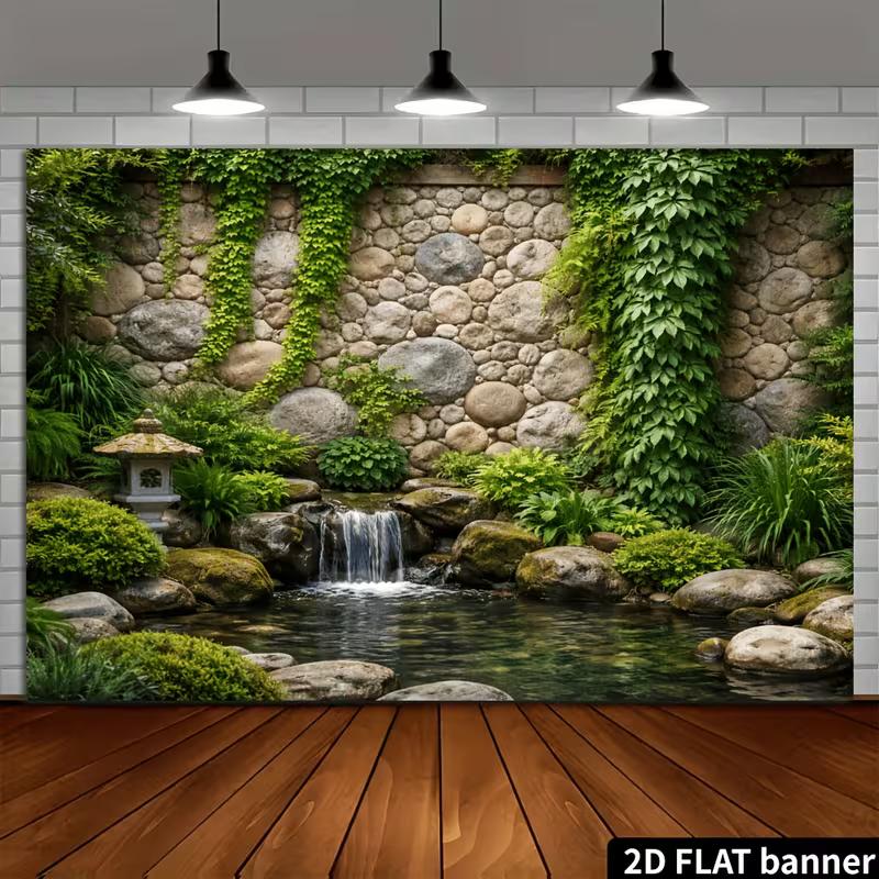 2D Serene Japanese Zen Garden Waterfall Photography Background