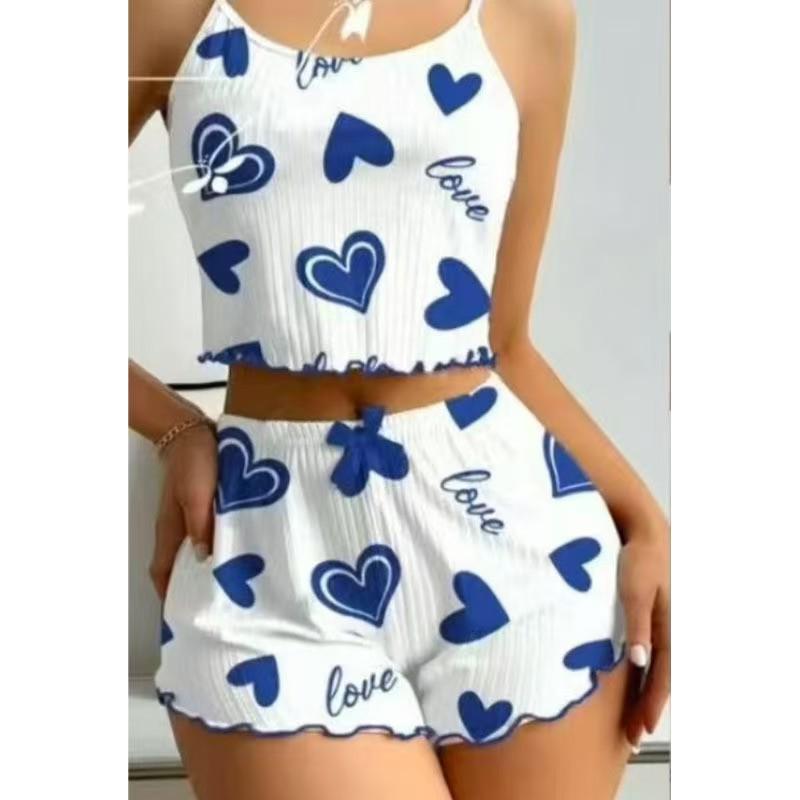2026 European & American Sweet Heart Print Knit Pajama Set for Women