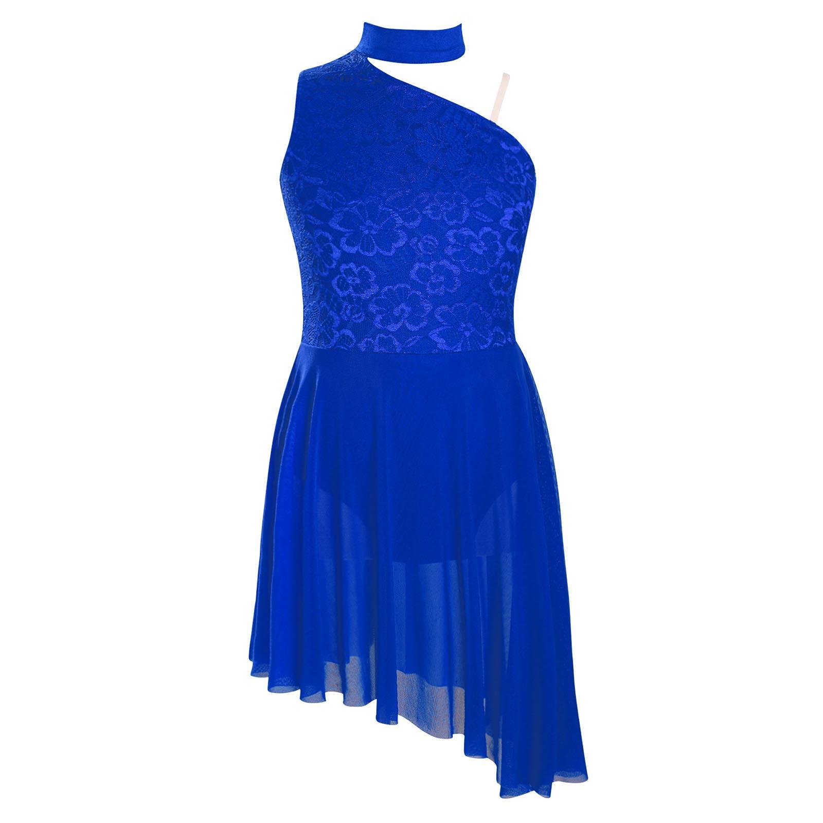 

Сукня для сучасного ліричного танцю для дівчаток, асиметричний поділ, без рукавів, на одне плече, дизайн з мереживними вставками, сукня для виступу 9-10 Years синій