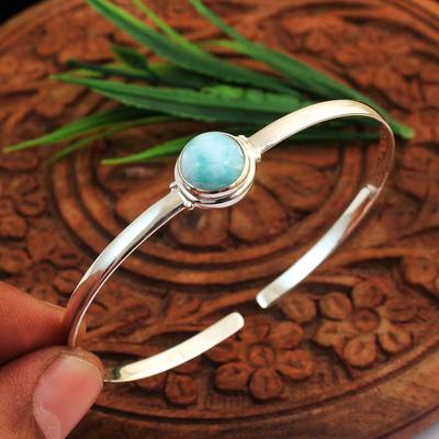 Larimar Armreif, Silberschmuck, 925 Sterling Silber, Natürlicher Edelsteinschmuck, handgefertigter Schmuck