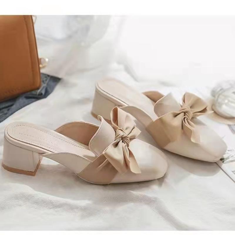 Fashion Cover Toe Half Slippers for Women's Flat Shoes Fashion Casual Bowknot Square Heel Slingback Slip-On Outdoors Slipper