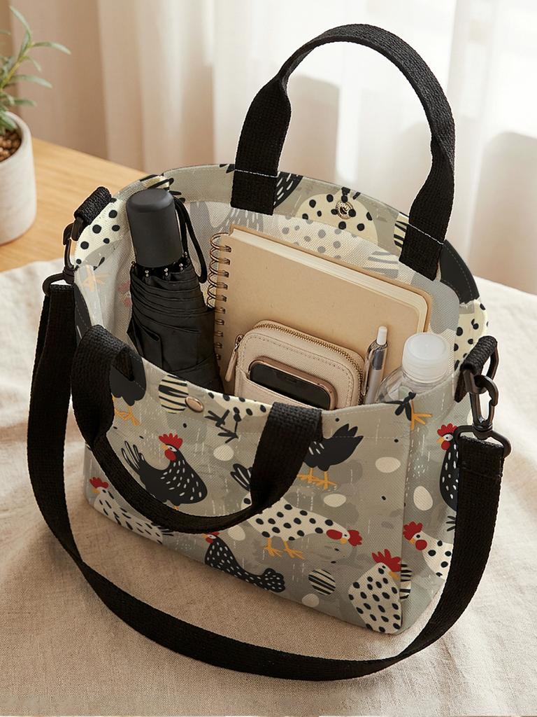 Cute Spotted Hen Chicken Egg Print Canvas Tote Bag Detachable Strap Crossbody Handbag For Women Daily Shopping