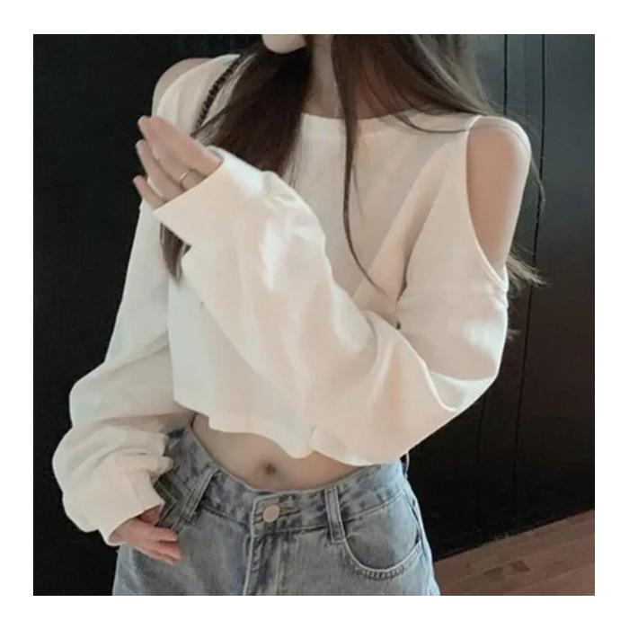 Lazy Wind Crop Top Summer New Off-the-shoulder Long Sleeve T-shirt Women's Clothing