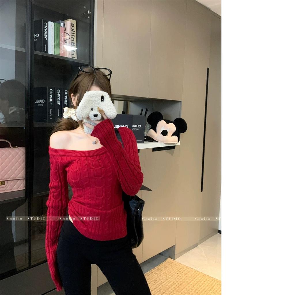 Casual Off shoulder Rib Knit Sweater Pull Women Long sleeve Top Basic Tees White Slim Pullovers Lady Sexy One Shoulder New