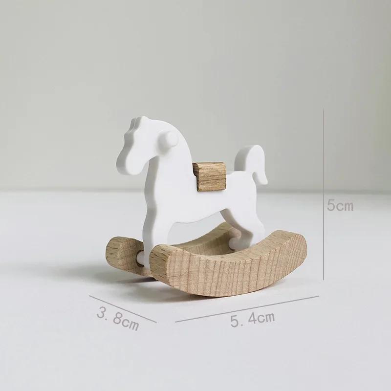 Mini Wooden Horse Toy Model Doll Decorative Accessories Simple Small Wooden Horse Rocking Horse Dollhouse Ornaments Home Decor