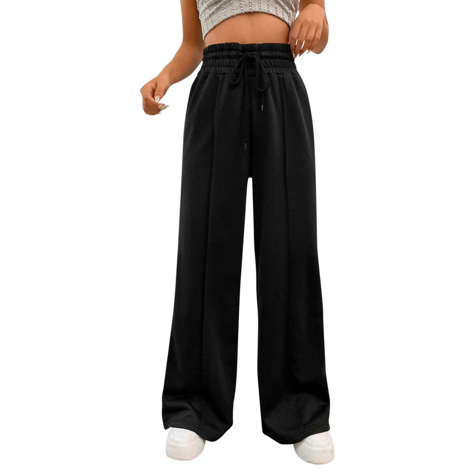 Women s Fashion Colour Drawstring High Waist Wide Leg Pants Casual Sweatpants XXL чёрный