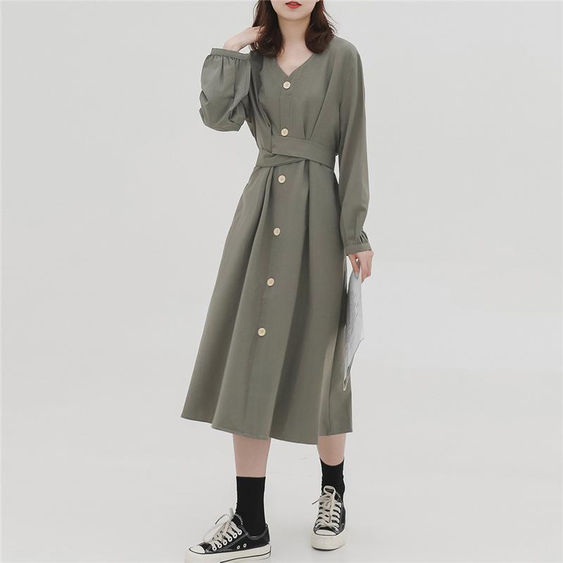 Japanese Vintage Style V-neck High Waist Lace Up Waist Dress