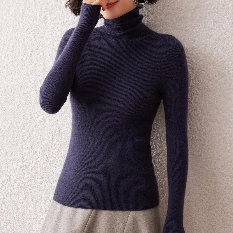 Women's High Neck Cashmere Sweater: Slim Fit Long Sleeve, Stacked Collar Knit for Autumn/Winter