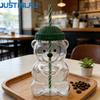 JUSTINLAU En Stock Ours en Forme Tasses en Verre avec Paille&Couvercle Tasse à Café Mignonne Dessin Animé Créative Tasse en Verre à Jus Tasse à Thé Ustensiles de Boisson Cadeau