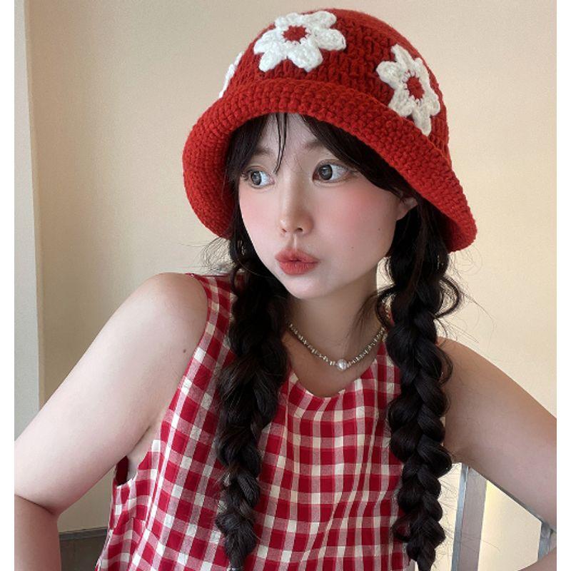 

Flower Knitting Fisherman Hat with Wig Artificial Women s Long Straight Hair Double Ponytail Twist Braid Festival Atmosphere Fashion Christmas Red + long black straight hair