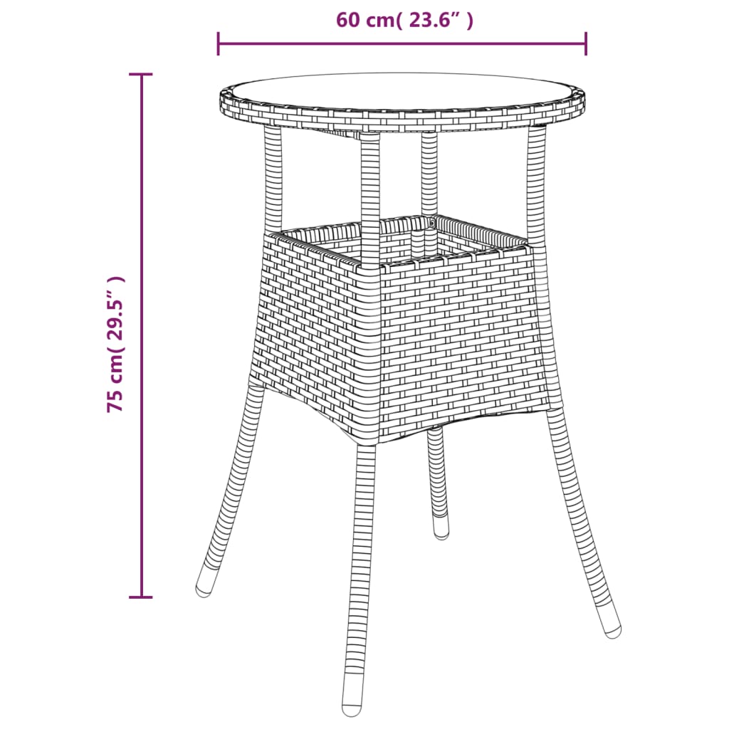 Vidaxl Stolik Ogrodowy, Ø60X75 Cm, Szkło Hartowane I Rattan Pe, Szary