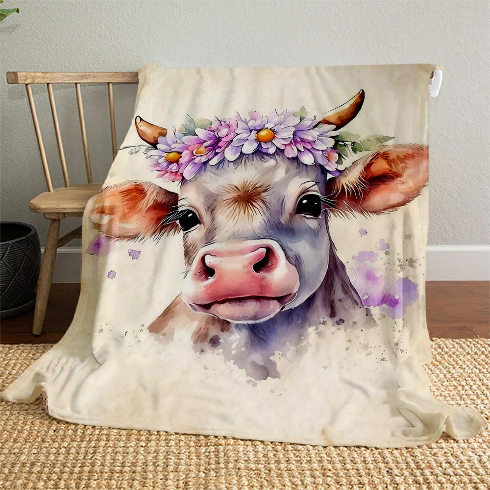 1pc cow, floral Outdoor Flannel Blanket Soft Warm All-Season Throw for Sofa Bed Car Camping Office, Cozy Gift Idea1324S