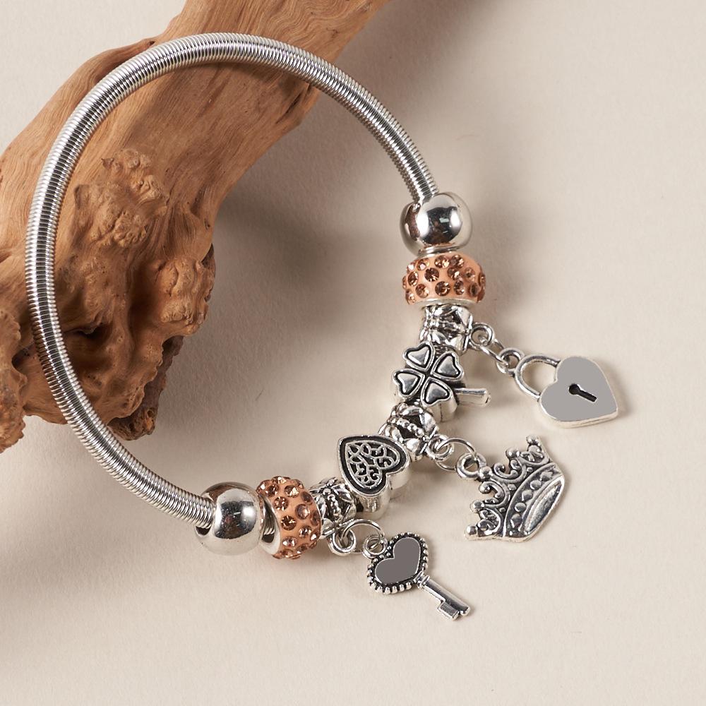 

Горячая распродажа Браслет из эластичных бусин с подвеской в виде ключа и замка Pandora и короны – Креативная DIY мода хаки