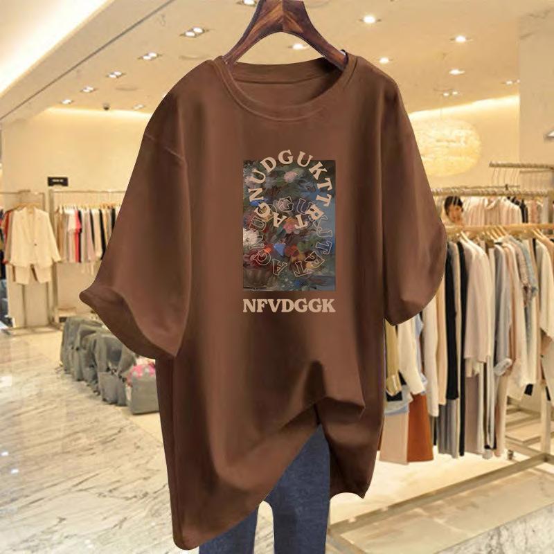 

New cotton printed loose t-shirt women s summer new crew neck white casual top short-sleeved bottoming shirt XXXL