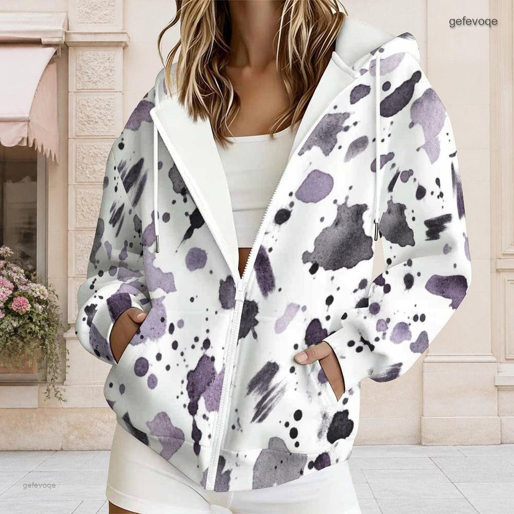 Women Plus Size Long Sleeve Drawstring Zip Up Geometric Printed Hoodie With Pockets