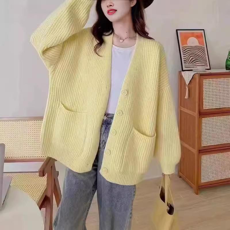 Loose and lazy wind V-neck sweater cardigan women's autumn and winter simple solid color versatile medium and long knitted jacket women