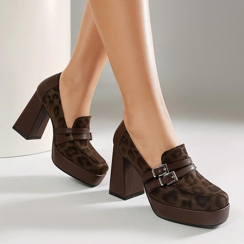 FOREADA Damen Loafer Pumps Quadratische Zehenpartie Klobige Hohe Absätze Schnalle Plateau Sexy Damen Mode Schuhe Frühling Herbst 43