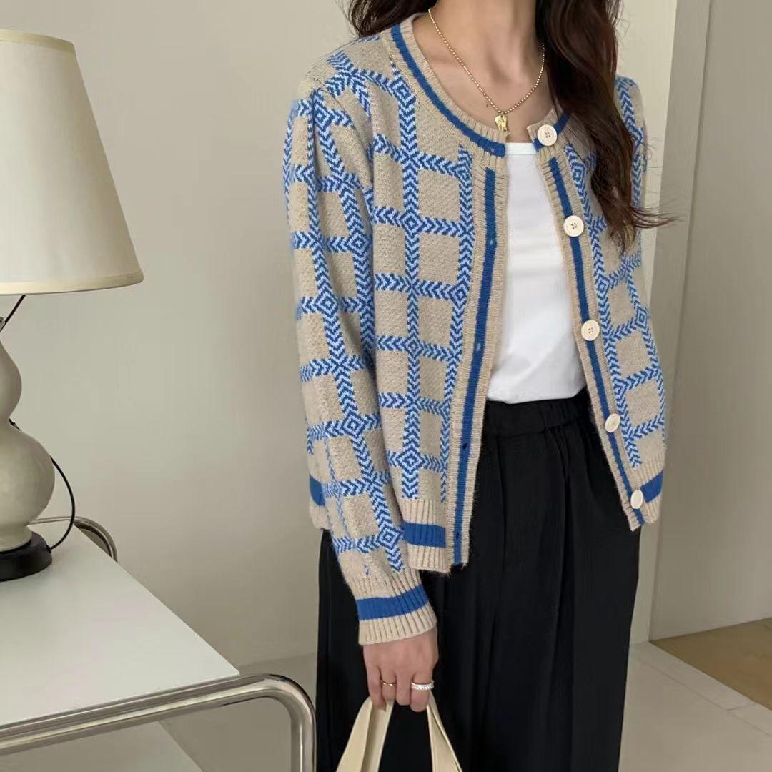 

Винтажное клетчатое пальто-свитер Женская осенне-зимняя верхняя одежда Свободный ленивый стиль Дизайнерский вязаный кардиган L синий