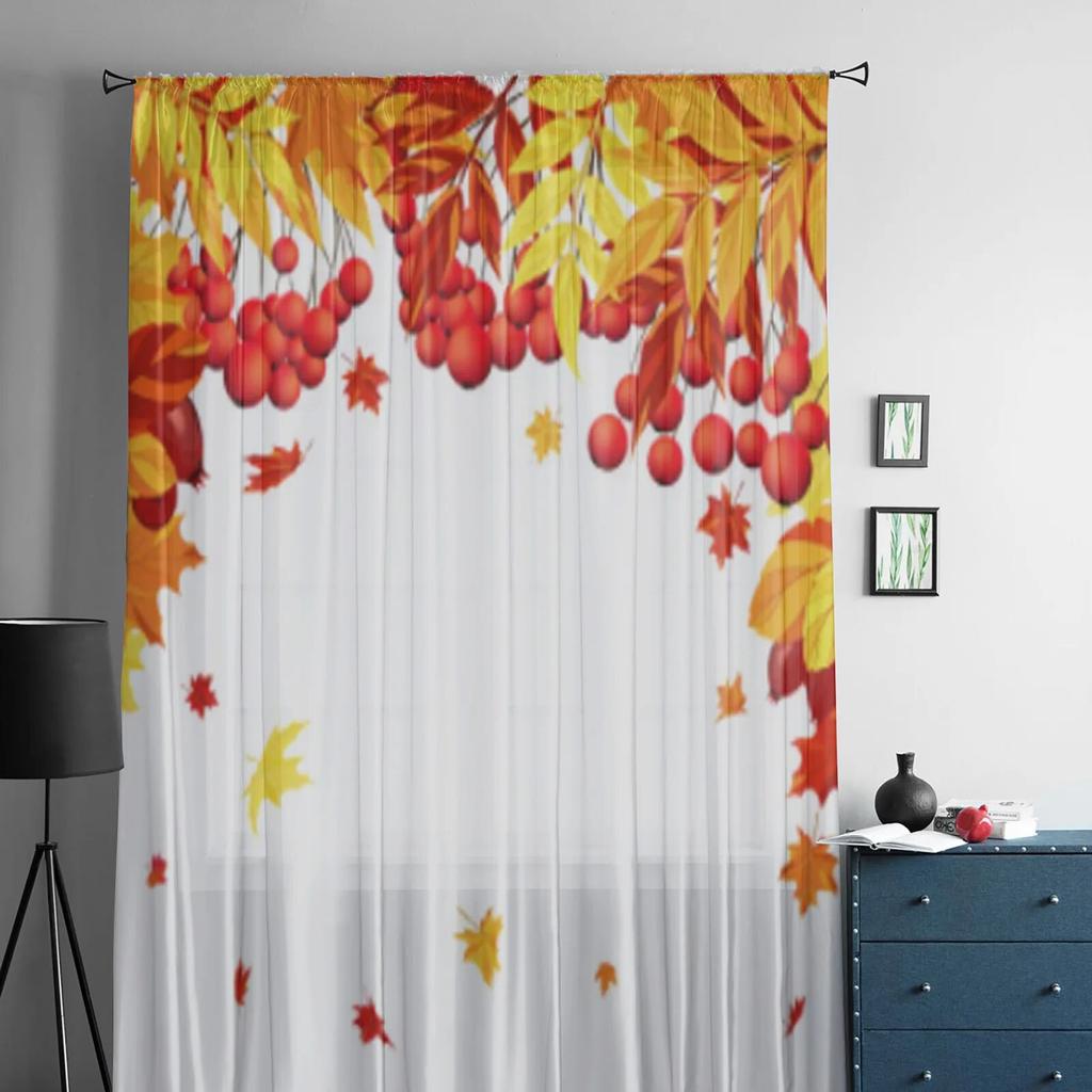 Podzimní javorové listy a bobule Průsvitné závěsy do obývacího pokoje Okna Průhledný voál Tyl Závěsy do ložnice Domácí dekorace