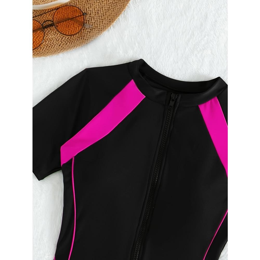 Schlichter einteiliger Badeanzug mit Farbblock-Muster, sicherer Surfanzug mit halbem Reißverschluss für Wassersport, leistungsstarke Wettkampfbademode für Damen