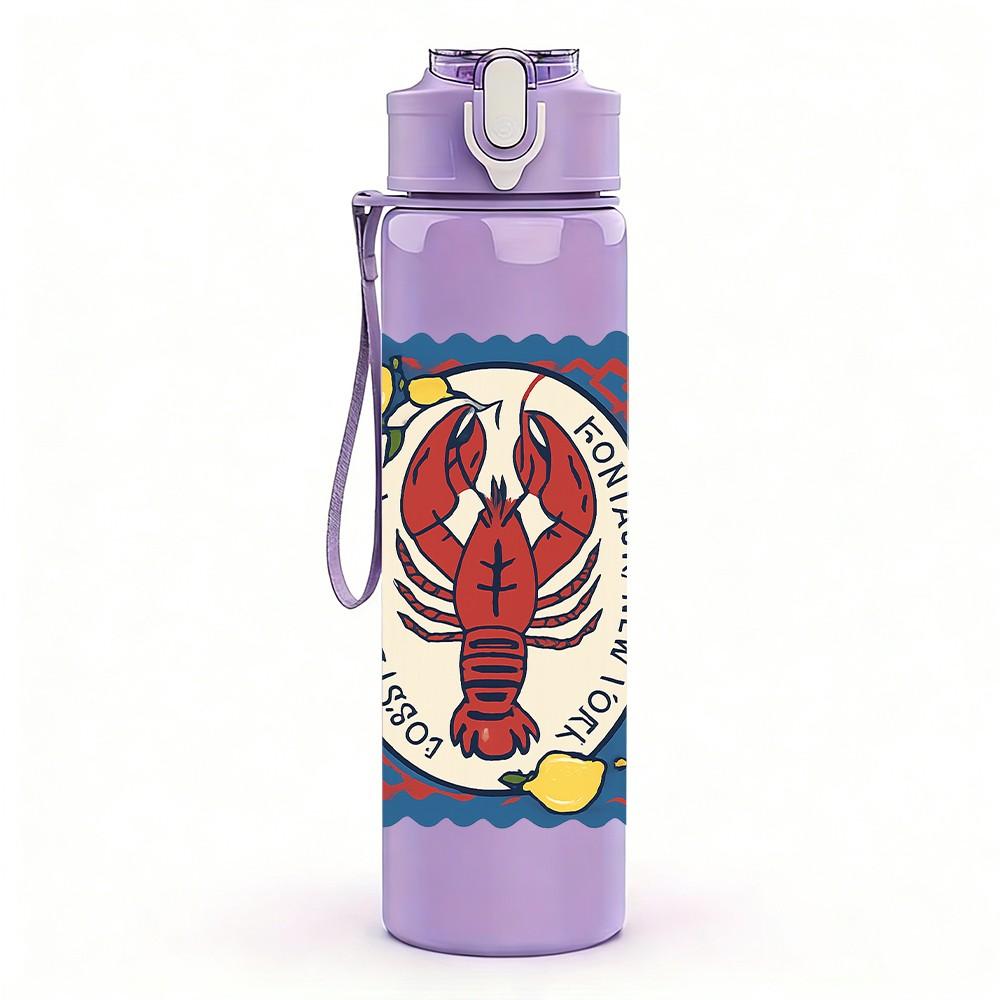 1PC Vintage Lobster Stamp Art 750ml Color Plastic Sports Water Bottle Leakproof Flip Straw Lid Suitable for Sports Office Home Use