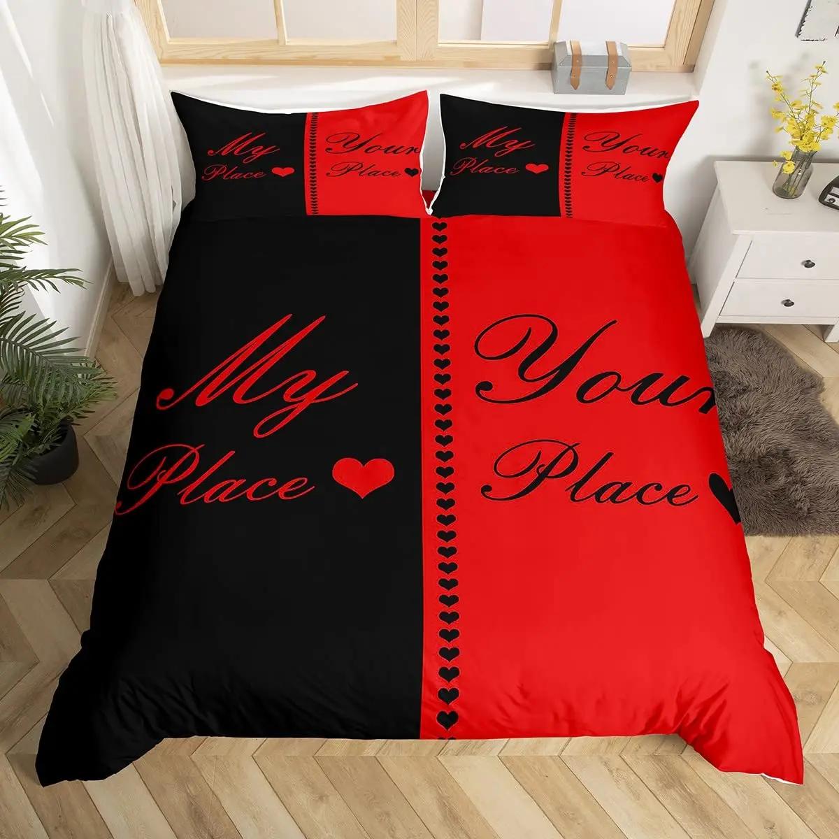 

Couple Black plus White King Quen Soft Duvet Cover Mr plus Mrs Gifts Beding Set Red Lips Comfortable Quilt Cover 2/3pcs Polyester Warm Comforter Cover 120*200cm Single