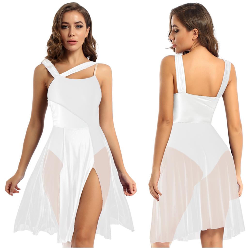 Ärmlös färgblock Balett Dans Gymnastik Body Mesh Overlay Balett Samtida Dansklänning Lyrisk Leotard Performance Kostym